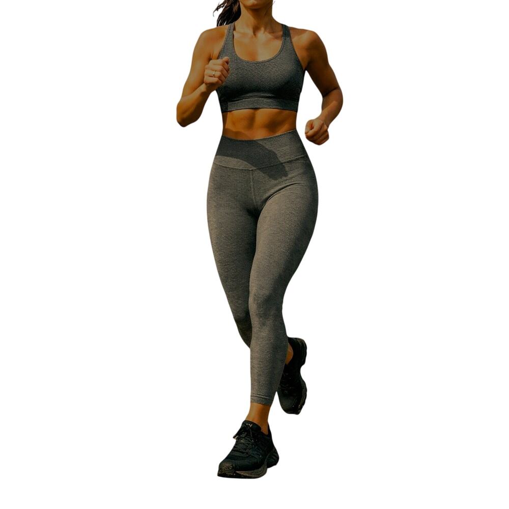 Lezat Eco Active Textured Athletic High Waist Soft Rib Gray Ankle Leggings Large